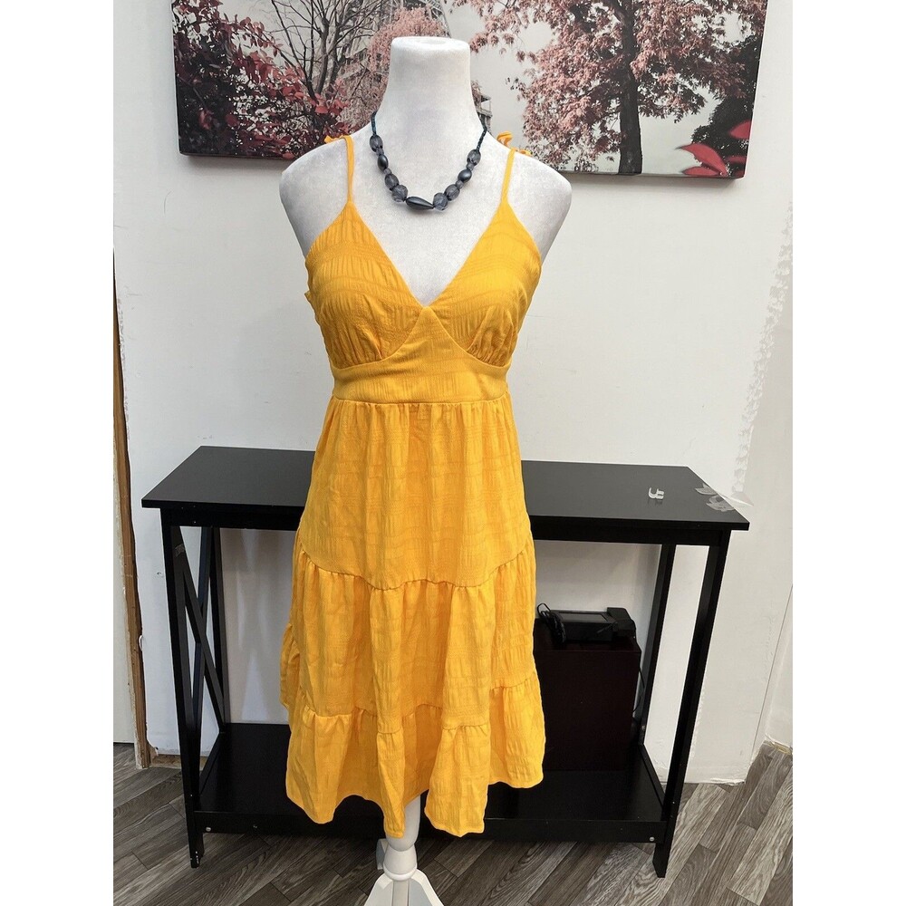 SHEIN Women's Mustard Yellow Tiered Cami Dress Ruffle Trim Smocked Back Size M